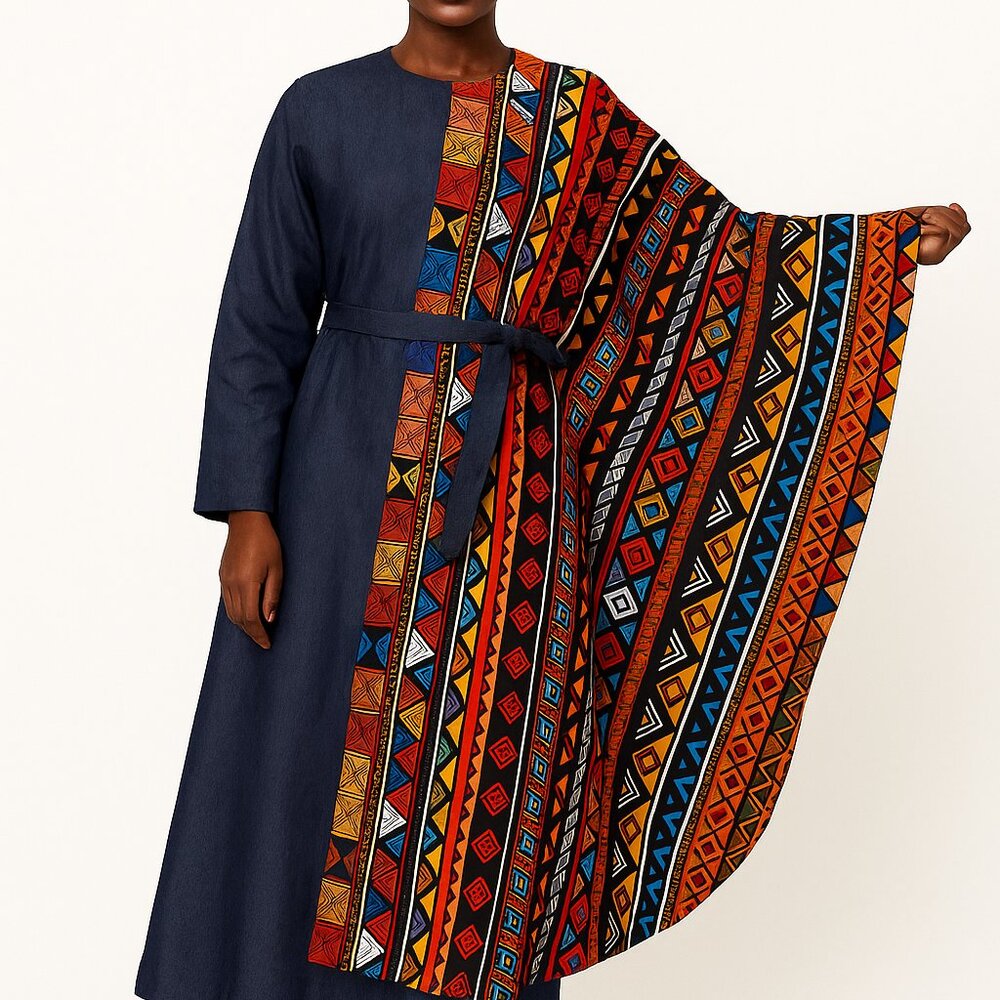 African Print Capelet and Denim Belted Dress One Size (4-24)